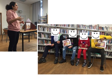 Photo d' un atelier avec des élèves apprenant à raconter avec la technique du Kamshibai