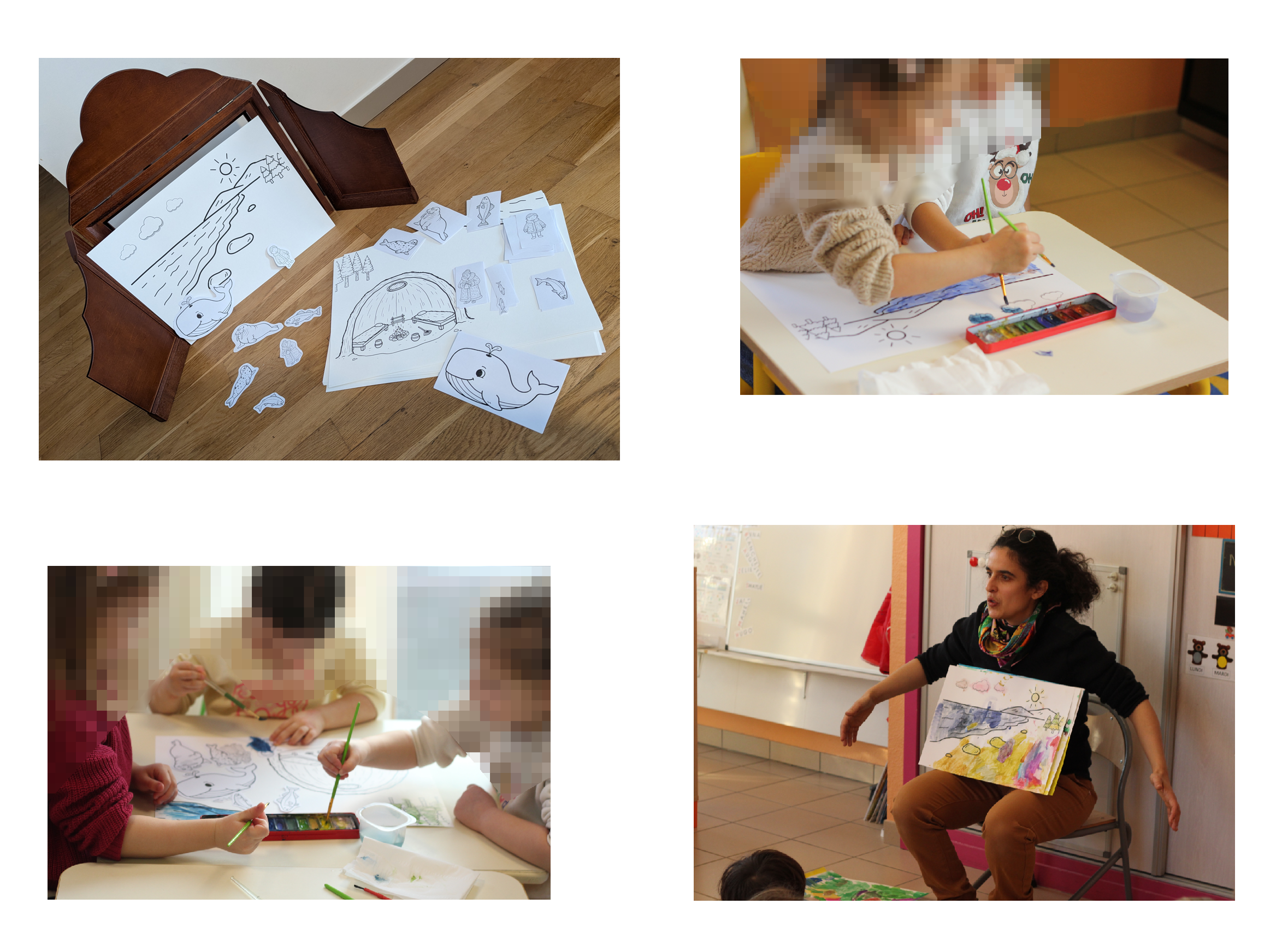 Photos de l'atelier en actions : les enfants qui peignent une scène, la conteuse qui racontent