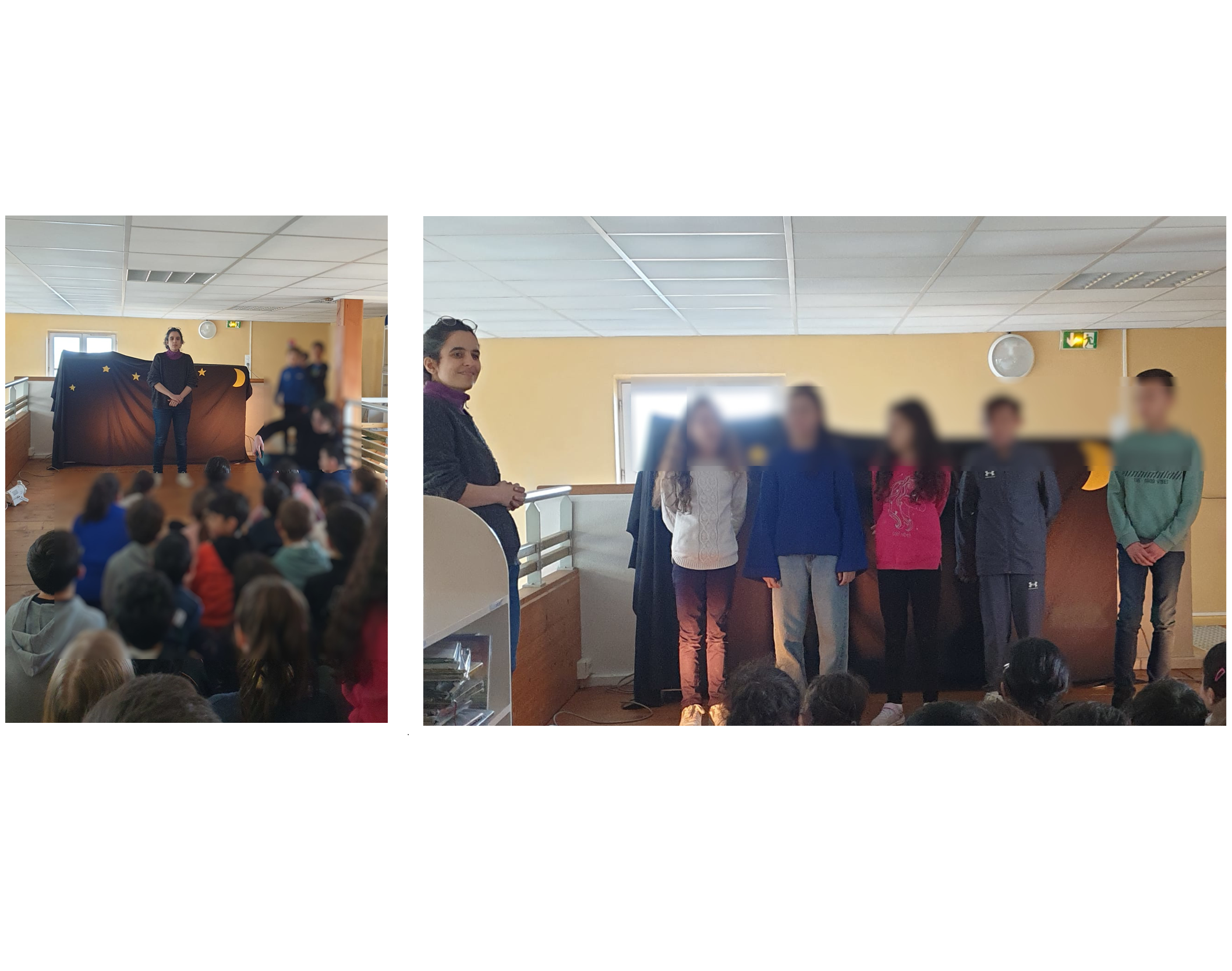 Photos du spectacle réalisé en fin d'atelier avec la classe de CM1/CM2 devant une classe de CE2