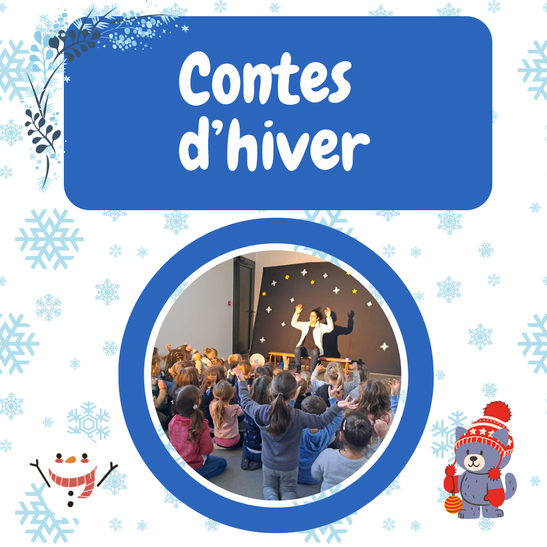 Titre du spectacle avec une photo et des flocons de neige