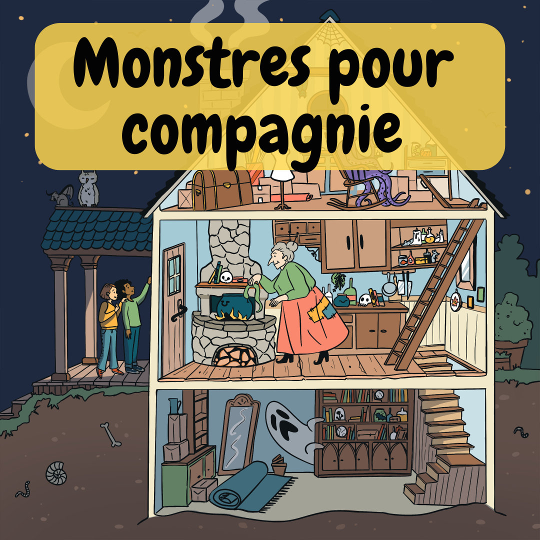 Titre du spectacle avec une image de deux enfants arrivant dans une maison habitée par un fantôme, un monstre sans tête et une sorcière