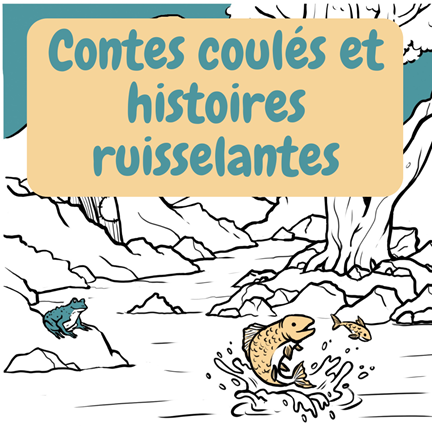 Scène de nature : une rivière avec une grenouille verte regardant deux poissons sautés, et derrière un géant mangeant un nuage