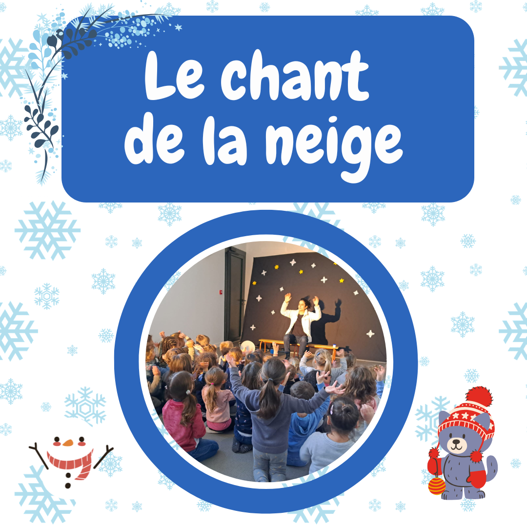 Titre du spectacle avec une photo et des flocons de neige