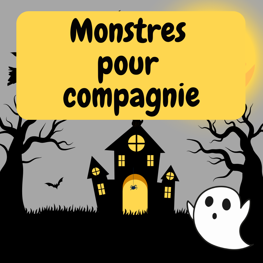 Dessin avec une maison hantée, un fantôme et une sorcière dans une ambiance orangée. Ecrit Contes pour frissonner