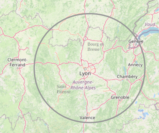 Carte montrant mon lieu d'action autour de Lyon incluant les villes de Roanne, Bourg-en-Bresse, Oyonnax, Saint-Etienne,
			Bourgoin-Jailleu, Grenoble, Annecy, Chambery et Valence